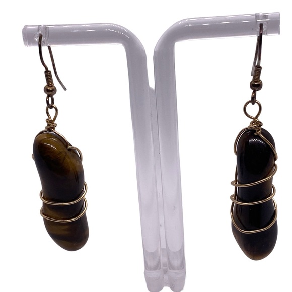 Tiger’s Eye Wire Wrapped Earrings Natural Stone Dangle Boho Gemstone - Picture 2 of 8